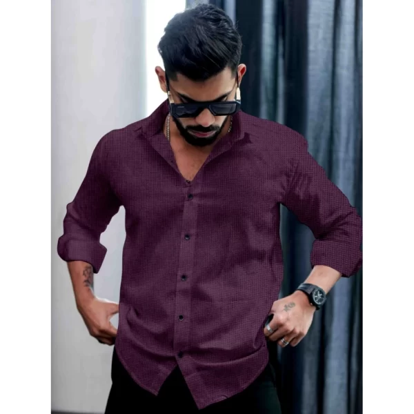 Generic Men's Casual PollyCotton Self-design Full Sleeve Collar Shirt (Wine) - Image 4