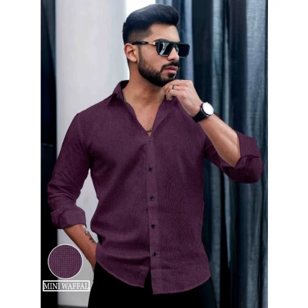Generic Men's Casual PollyCotton Self-design Full Sleeve Collar Shirt (Wine)