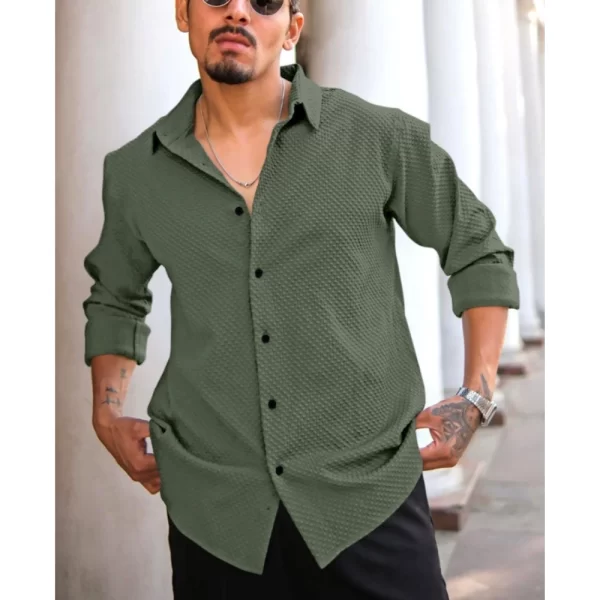 Generic Men's Casual Popcorn Self-design Full Sleeve Collar Shirt (Green) - Image 3