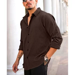 Generic Men's Casual Popcorn Self-design Full Sleeve Collar Shirt (Brown)