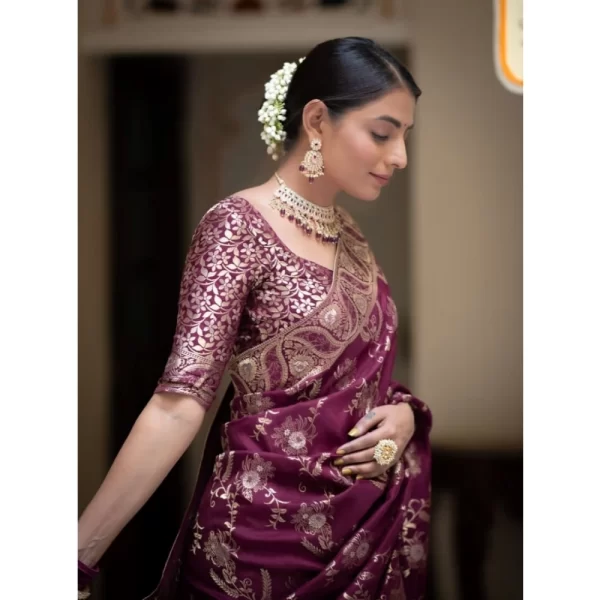 Generic Women's Art Silk Embellished Kanjivaram Saree With Unstitched Blouse (5.5Mtr, Purple) - Image 2