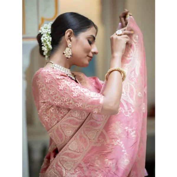 Generic Women's Art Silk Embellished Kanjivaram Saree With Unstitched Blouse (5.5Mtr, Peach) - Image 2
