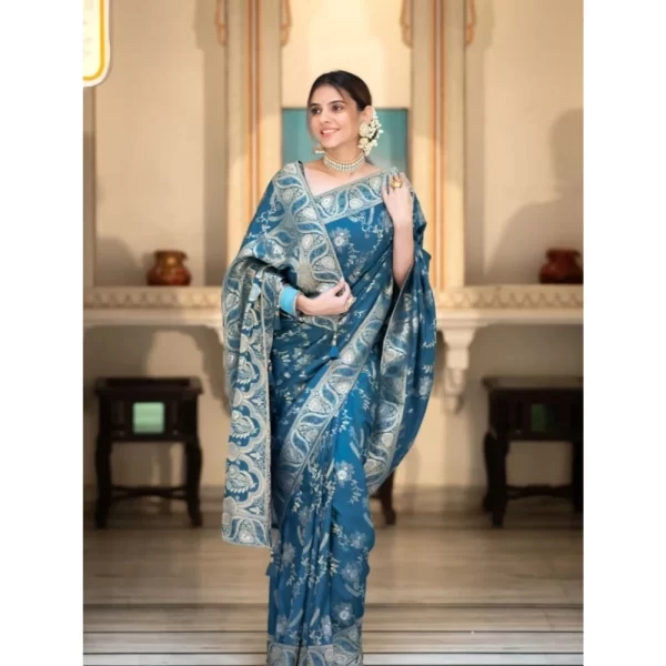 Generic Women's Art Silk Embellished Kanjivaram Saree With Unstitched Blouse (5.5Mtr, Rama) - Image 2