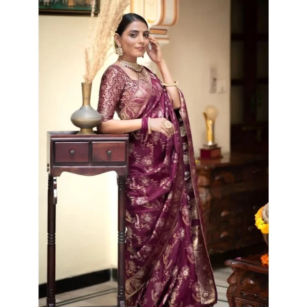 Generic Women's Art Silk Embellished Kanjivaram Saree With Unstitched Blouse (5.5Mtr, Purple) - Image 3
