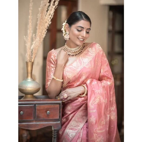 Generic Women's Art Silk Embellished Kanjivaram Saree With Unstitched Blouse (5.5Mtr, Peach) - Image 3