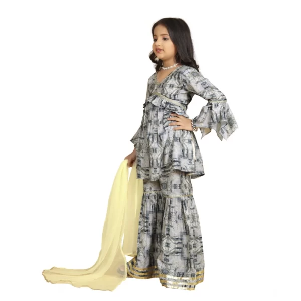 Generic Girl's Maslin Embrodrery Lace Aliya Cut Top With Sharara Dupatta Set (Grey) - Image 3