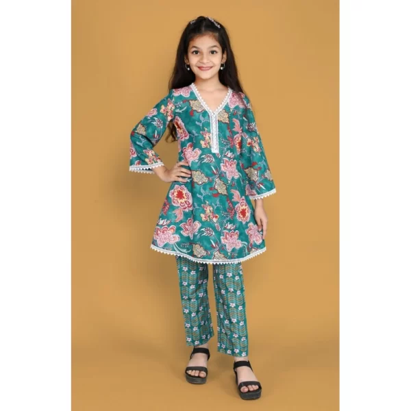 Generic Girl's Silk Blend Floral Prinded Shiffli Lace Salwar Kameez Dupatta Set (Teal) - Image 3