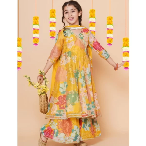 Generic Girl's Rayon Printed Codding Lace Anarkali-Style Suit (Yellow) - Image 4