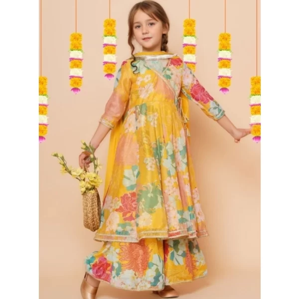 Generic Girl's Rayon Printed Codding Lace Anarkali-Style Suit (Yellow) - Image 3