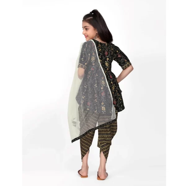 Generic Girl's Cotton Printed Kurtis With Dhoti Dupatta Set (Black) - Image 3