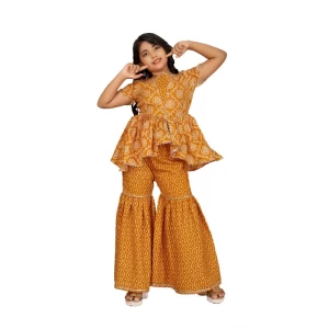 Generic Girl's Cotton Rayon Printed Top And Sharara Set (Mustard)