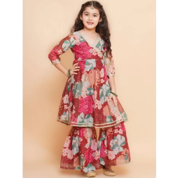 Generic Girl's Rayon Printed Codding Lace Anarkali-Style Suit (Maroon) - Image 5