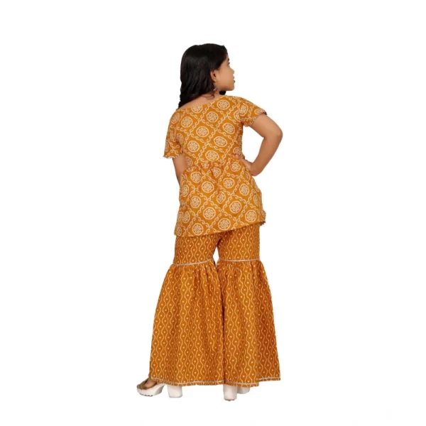 Generic Girl's Cotton Rayon Printed Top And Sharara Set (Mustard) - Image 5