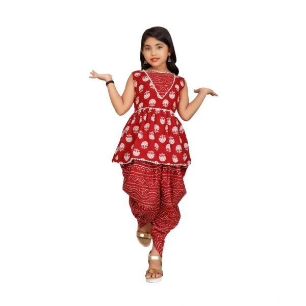 Generic Girl's Cotton Rayon Printed Top And Dhoti With Dupatta Set (Maroon) - Image 4