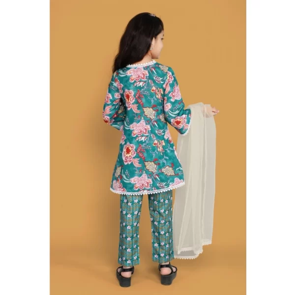 Generic Girl's Silk Blend Floral Prinded Shiffli Lace Salwar Kameez Dupatta Set (Teal) - Image 4