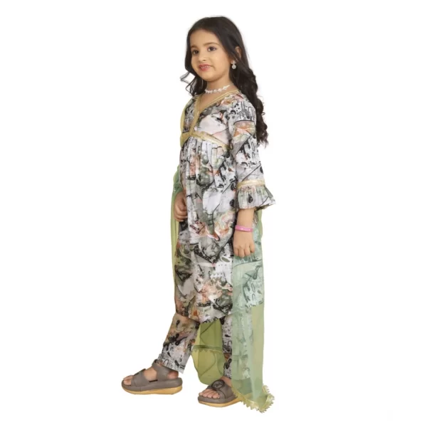 Generic Girl's Maslin Embrodrery Lace Aliya Cut Top With Bottom Dupatta Set (Green) - Image 3