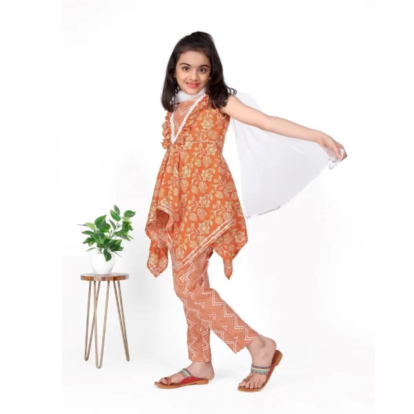 Generic Girl's Cotton Printed Kurti With Bottom Dupatta Set (Orange) - Image 4