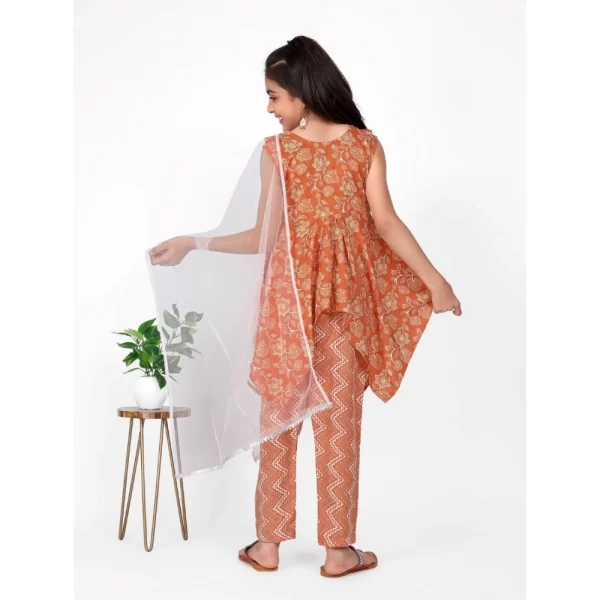 Generic Girl's Cotton Printed Kurti With Bottom Dupatta Set (Orange) - Image 3