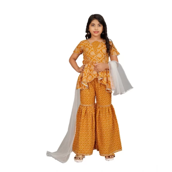 Generic Girl's Cotton Rayon Printed Top And Sharara Set (Mustard) - Image 3