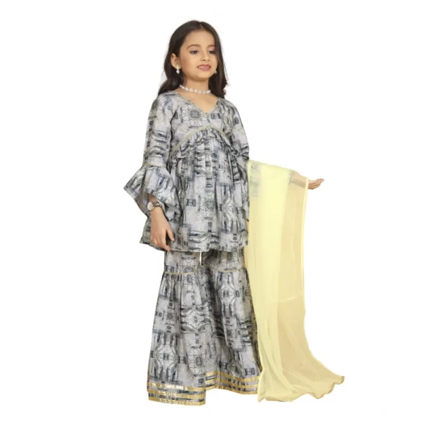 Generic Girl's Maslin Embrodrery Lace Aliya Cut Top With Sharara Dupatta Set (Grey) - Image 4