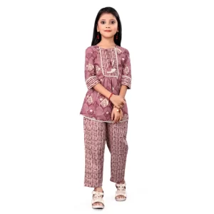 Generic Girl's Cotton Printed Top With Bottom Set (Purple)