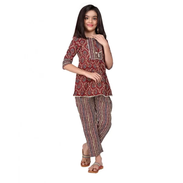 Generic Girl's Cotton Printed Top With Bottom Set (Brown) - Image 5