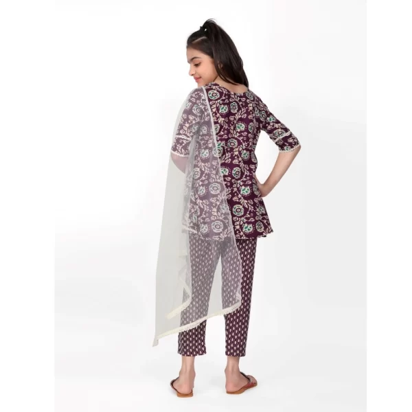 Generic Girl's Cotton Printed Kurti With Bottom Dupatta Set (Brown) - Image 3