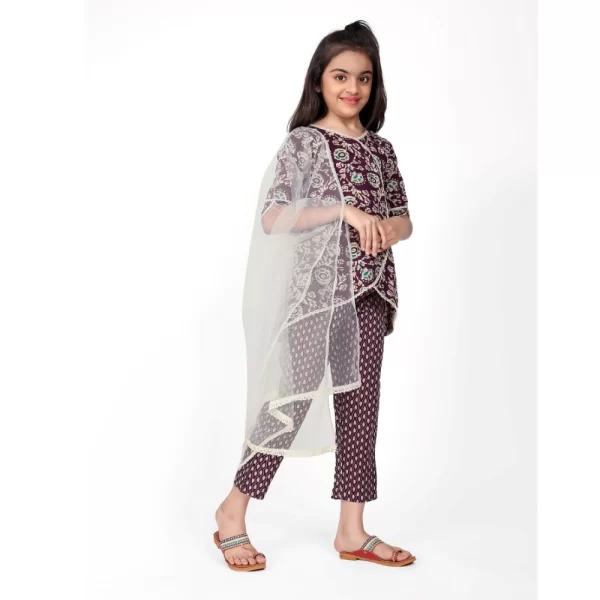 Generic Girl's Cotton Printed Kurti With Bottom Dupatta Set (Brown) - Image 5