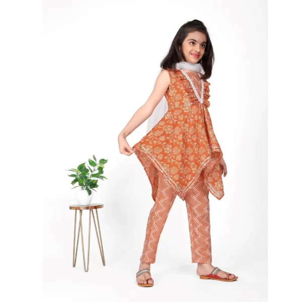 Generic Girl's Cotton Printed Kurti With Bottom Dupatta Set (Orange) - Image 5