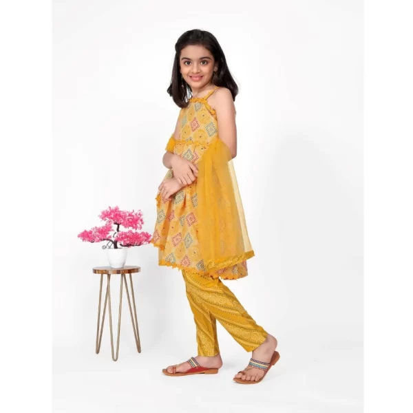 Generic Girl's Cotton Printed Kurti With Bottom Dupatta Set (Yellow) - Image 4