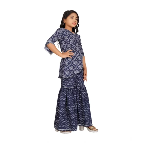 Generic Girl's Cotton Rayon Printed Top And Sharara Set (Blue) - Image 3