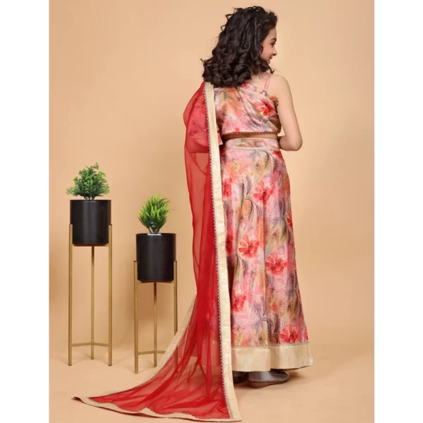Generic Girl's Chiffon Printed Lehenga Choli Set (Peach) - Image 5
