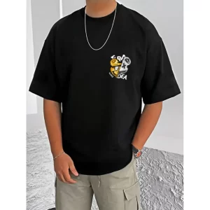 Generic Men's Casual Cotton Blend Printed Round Neck Half Sleeve T-Shirt (Black)