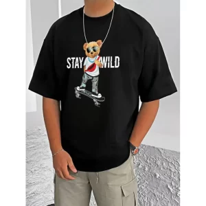 Generic Men's Casual Cotton Blend Printed Round Neck Half Sleeve T-Shirt (Black)