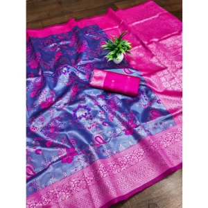 Generic Women's Banarasi Jacquard Printed Saree With Unstitched Blouse 5.5Mtr (Navy Blue)