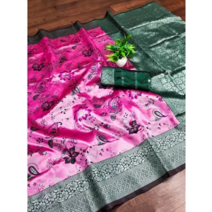 Generic Women's Banarasi Jacquard Printed Saree With Unstitched Blouse 5.5Mtr (DPink)