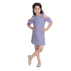 Generic Girl's Cotton Striped Cold Shoulder Round Neck Dress (Blue)