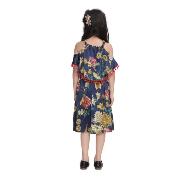 Generic Girl's Satin Floral Printed Cold Shoulder Round Neck Dress (Navy Blue) - Image 3
