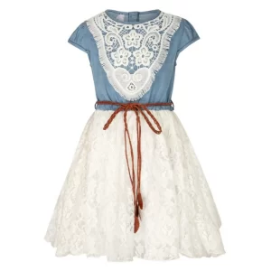 Generic Girl's Denim Embroidery Short Sleeve Round Neck Dress (White)