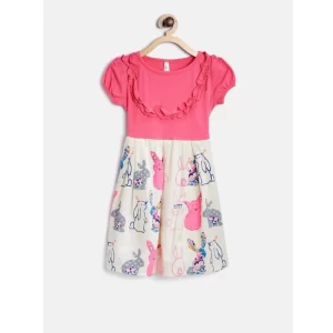 Generic Girl's Cotton Printed Short Sleeve Round Neck Dress (Pink-White)