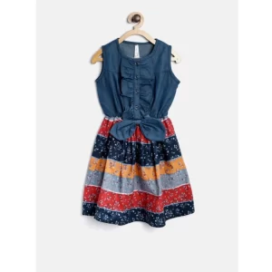 Generic Girl's Denim-Cotton Floral Printed Sleeveless Round Neck Dress (Multicolor)