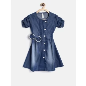 Generic Girl's Denim Striped Sleeveless Round Neck Dress (Blue)