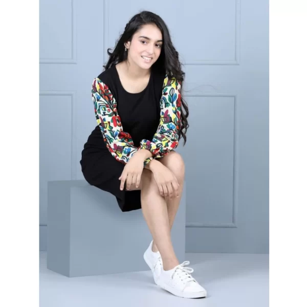 Generic Girl's Polyester Printed Long Sleeve Round Neck Dress (Multicolor) - Image 3