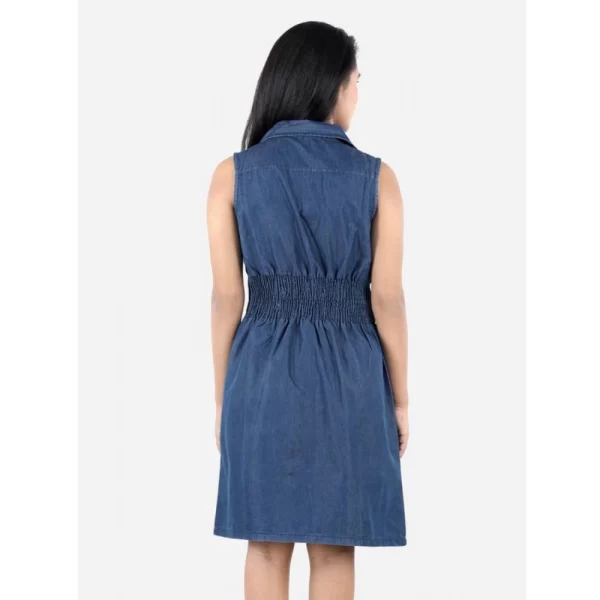 Generic Girl's Denim Solid Sleeveless Shirt collar Dress (Blue) - Image 4