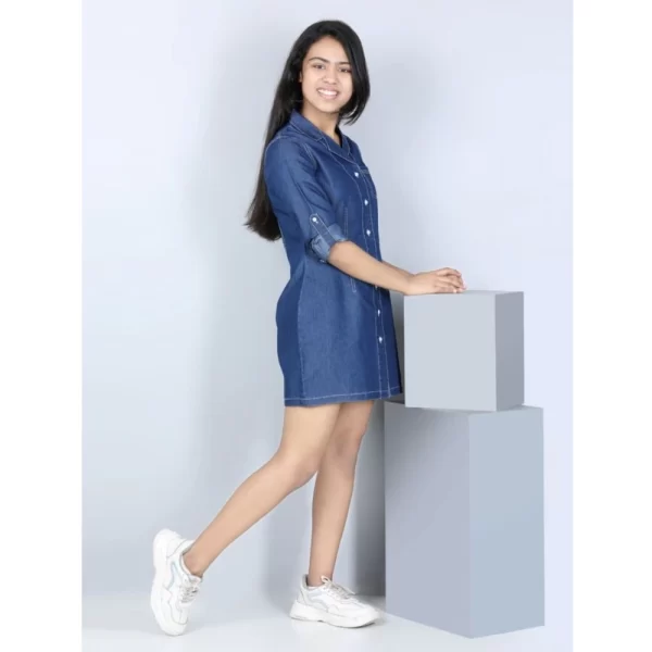 Generic Girl's Denim Solid Long Sleeve Shirt collar Dress (Blue) - Image 4