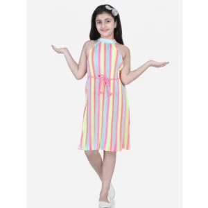 Generic Girl's Polyester Crepe Striped Sleeveless Round Neck Dress (Multicolor)