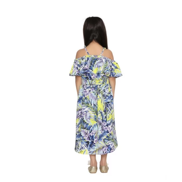 Generic Girl's Polyester Moss Printed Off Shoulder Straps Dress (Blue) - Image 3