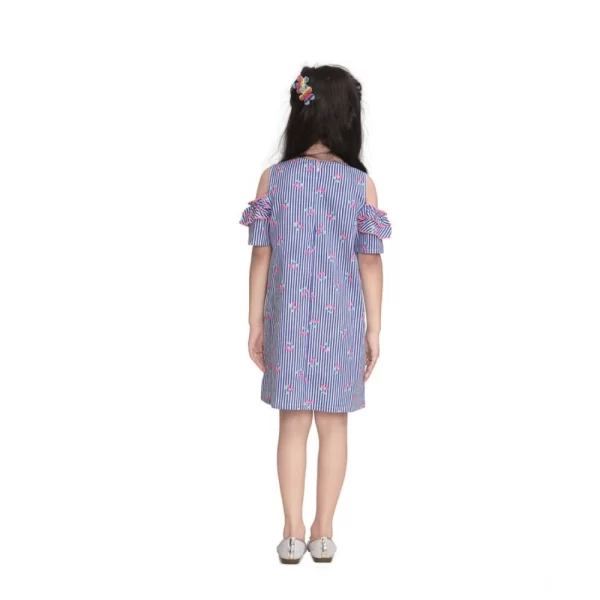 Generic Girl's Cotton Striped Cold Shoulder Round Neck Dress (Blue) - Image 3