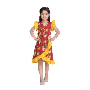 Generic Girl's Cotton Printed Cold Shoulder V-Neck Dress (Pink)