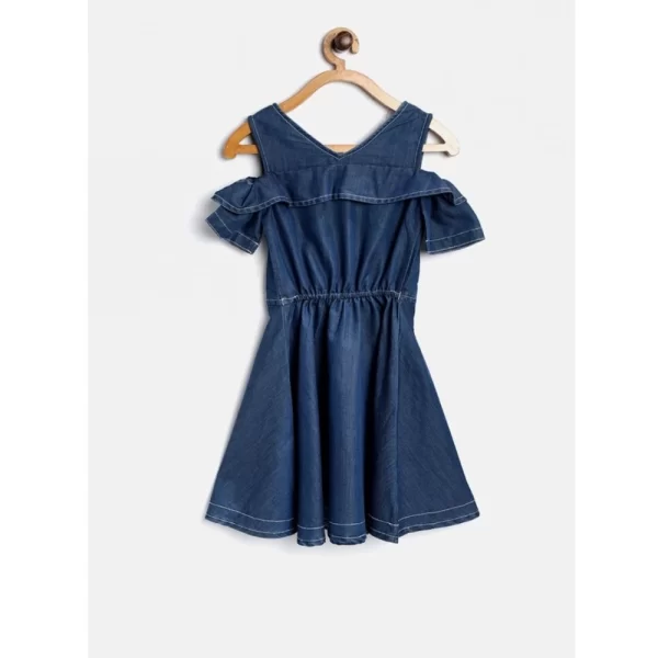 Generic Girl's Denim Floral Printed Bell Sleeve Halter Neck Dress (Blue) - Image 4